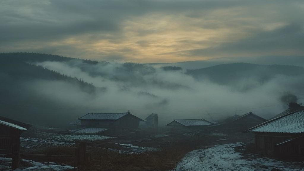 Cinematic snowy border village landscape at dusk, evoking a romance drama border-crossing story