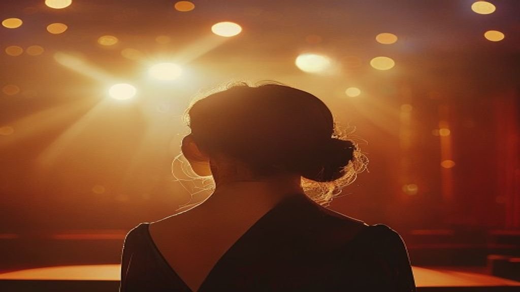 Cinematic silhouette of a Korean drama actress on a warm-lit theater stage