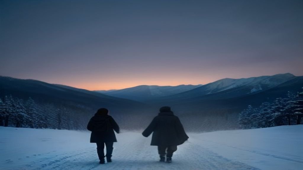 Cinematic snowy countryside at dusk evoking a romantic Korean drama mood