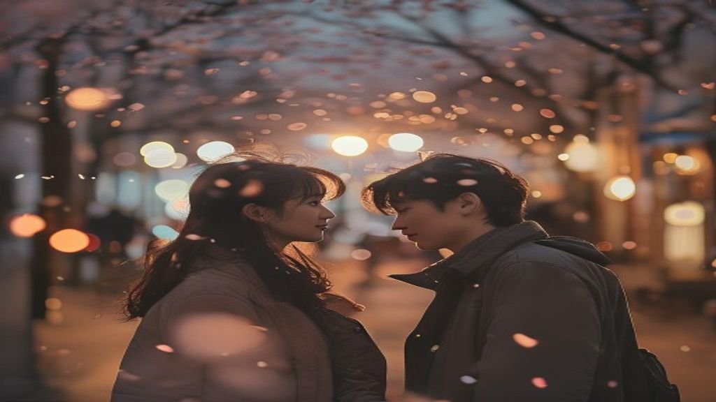 Romantic Korean drama couple on a Seoul street at dusk