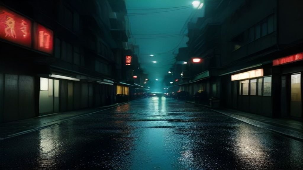 Moody cinematic scene of an abandoned neon-lit Tokyo street at night, evoking a Japanese survival thriller drama