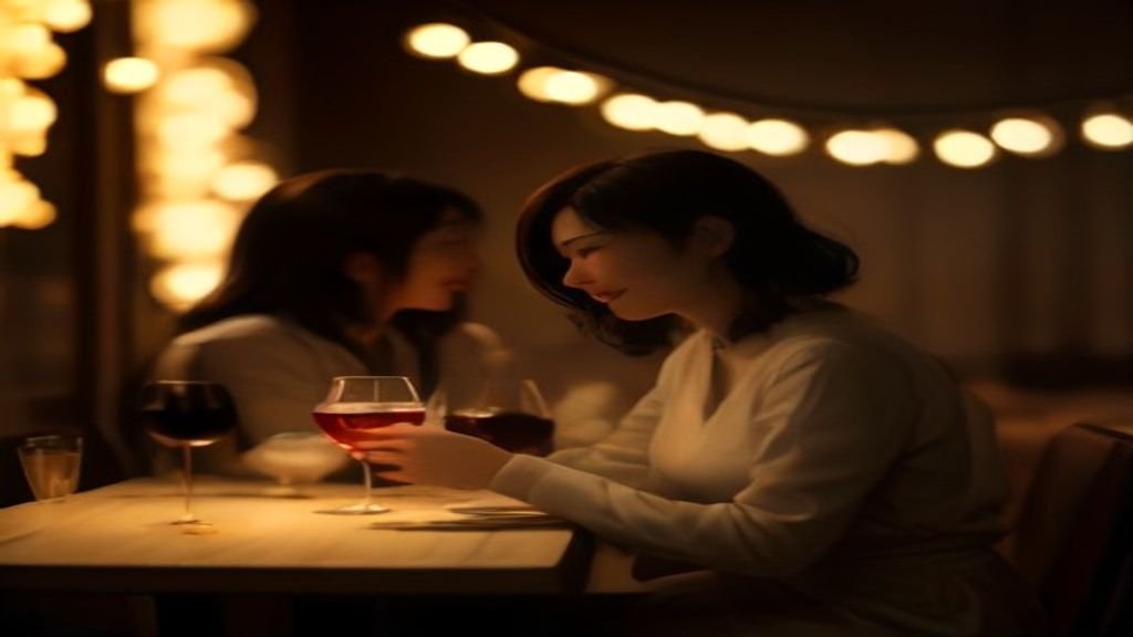 Cinematic romantic comedy scene inspired by the K-drama Business Proposal, two silhouettes toasting at an upscale restaurant with warm string lights