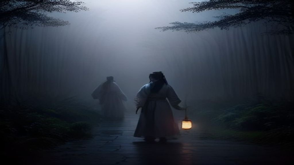 Cinematic illustration of a wuxia fantasy drama scene with cultivators in flowing robes in a misty bamboo forest