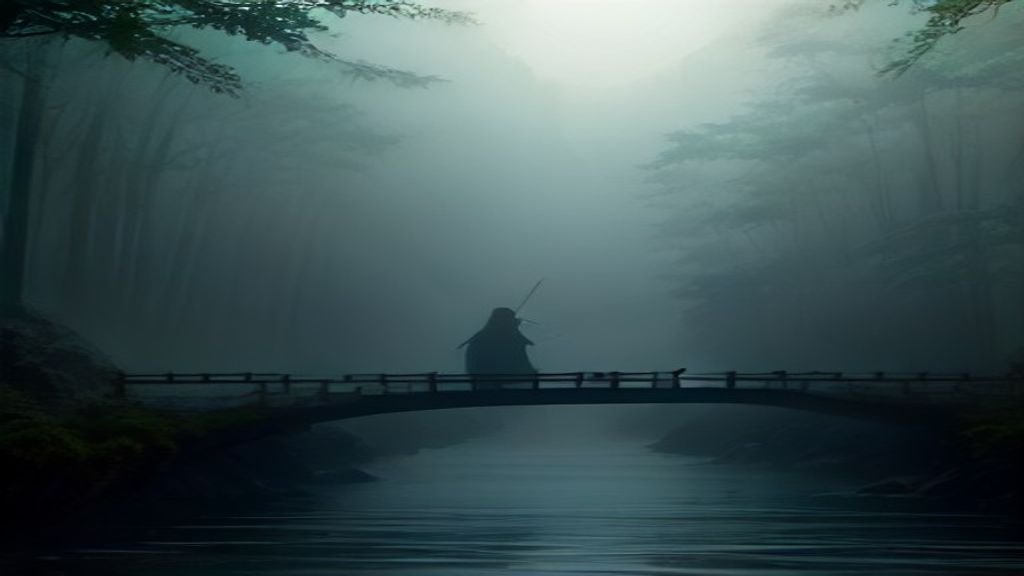 Cinematic wuxia fantasy scene with a swordsman on a misty bamboo bridge, evoking C-drama fantasy dramas like The Untamed