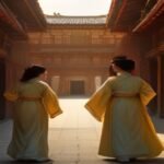 Elegant cinematic historical Chinese palace scene with ornate architecture and golden hour lighting