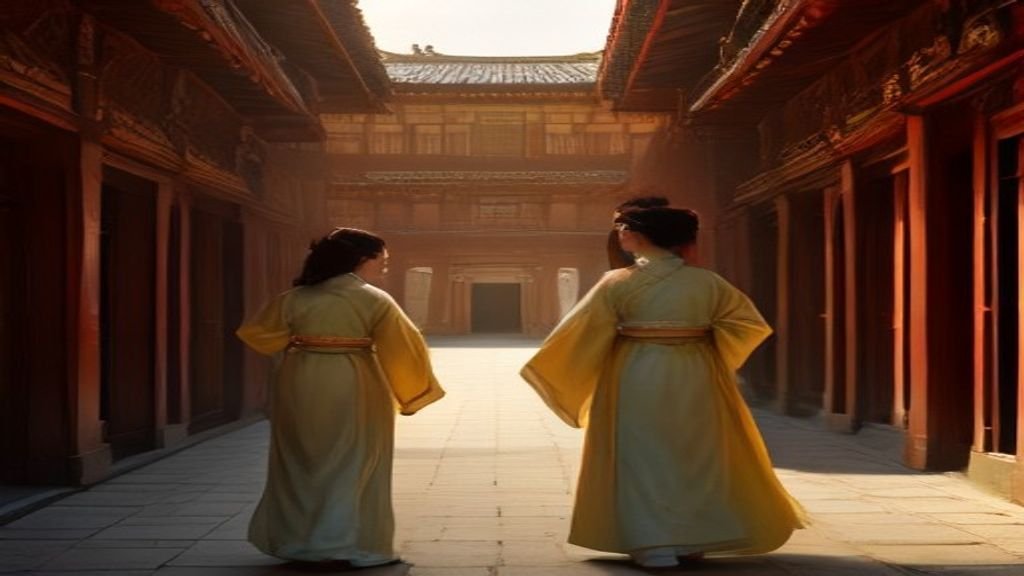 Elegant cinematic historical Chinese palace scene with ornate architecture and golden hour lighting