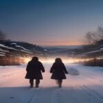 Cinematic romantic scene inspired by a Korean drama, snowy countryside village at golden hour