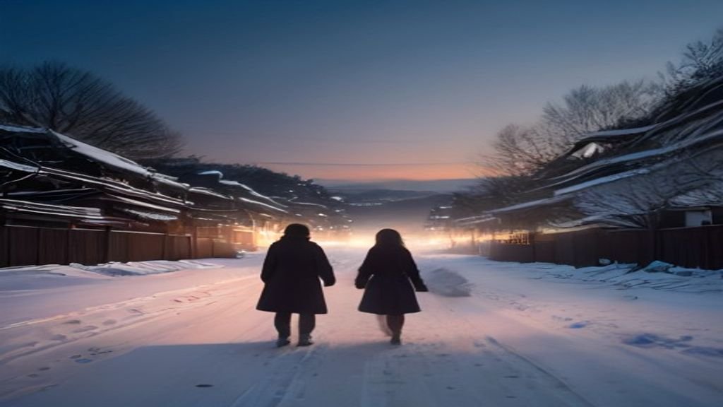 Cinematic romantic scene inspired by a Korean drama, snowy countryside village at golden hour