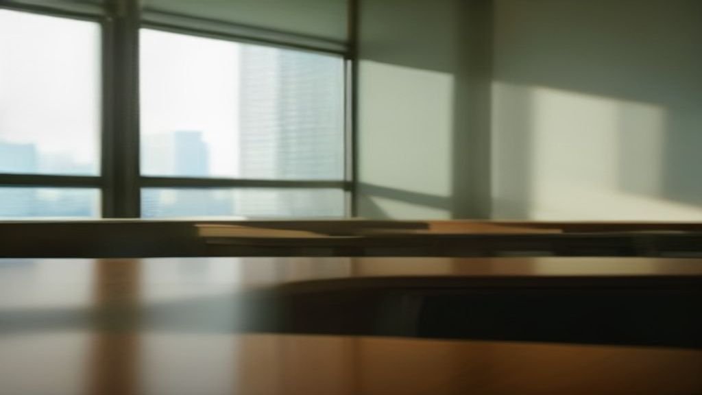 Cinematic illustration of a modern Korean legal drama office with glass walls and warm afternoon light