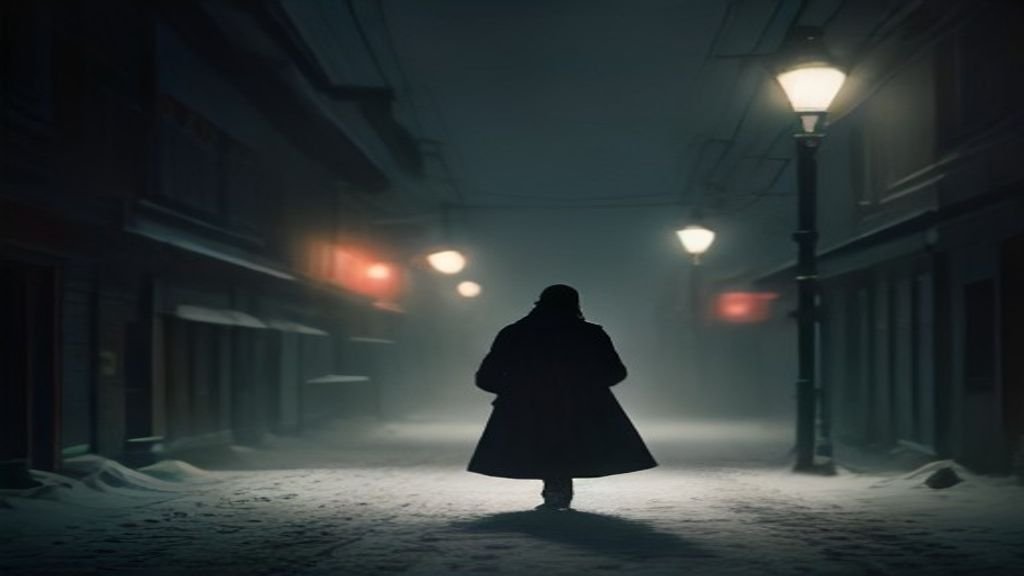 Cinematic fantasy scene inspired by the K-drama Goblin, a lone figure on a snowy dusk street