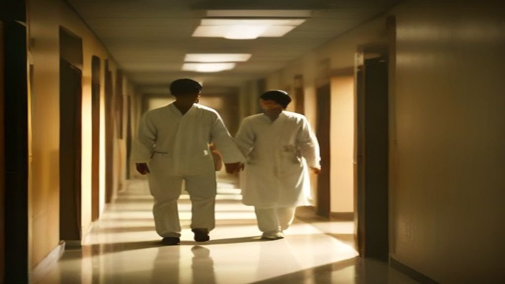 Doctors walking down a warmly lit hospital corridor at dusk, cinematic still inspired by a K-drama medical series