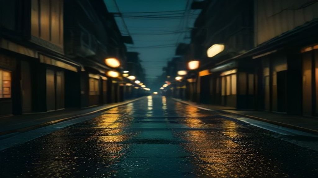 Quiet Tokyo street at night with soft neon reflections, atmospheric mood evoking Japanese drama streaming