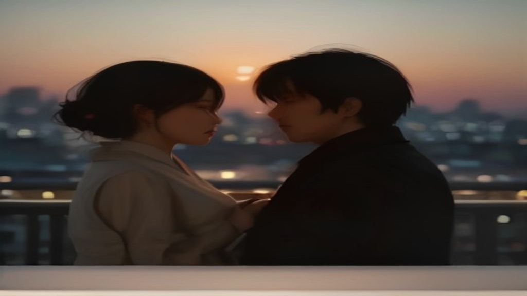 Cinematic romantic K-Drama scene of two silhouettes on a city rooftop at dusk