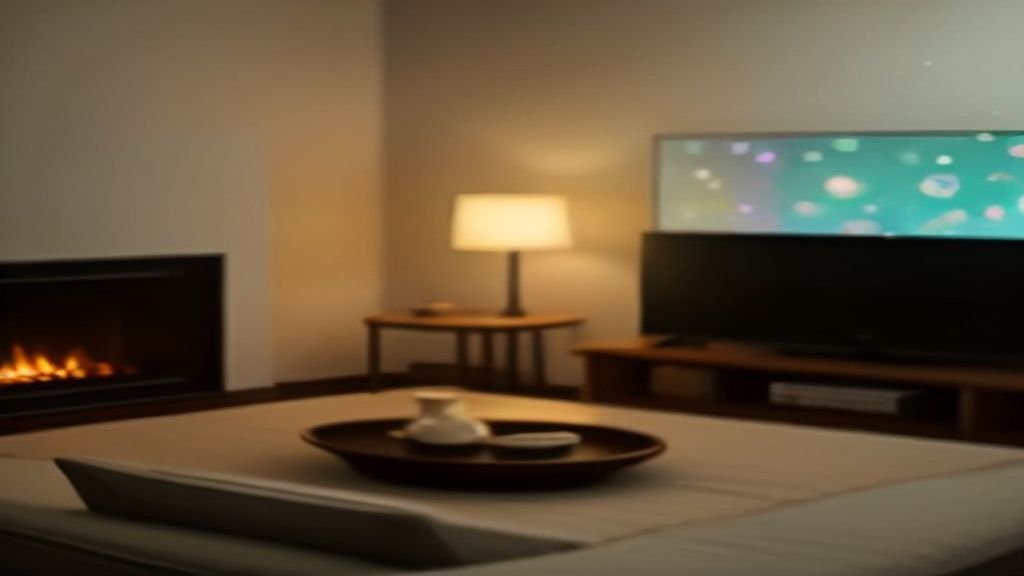 Cozy living room at night with a television glowing softly, evoking a K-drama streaming night