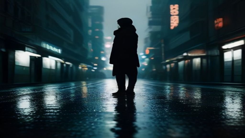 Moody cinematic scene inspired by Korean thriller K-dramas, rainy neon-lit street at night
