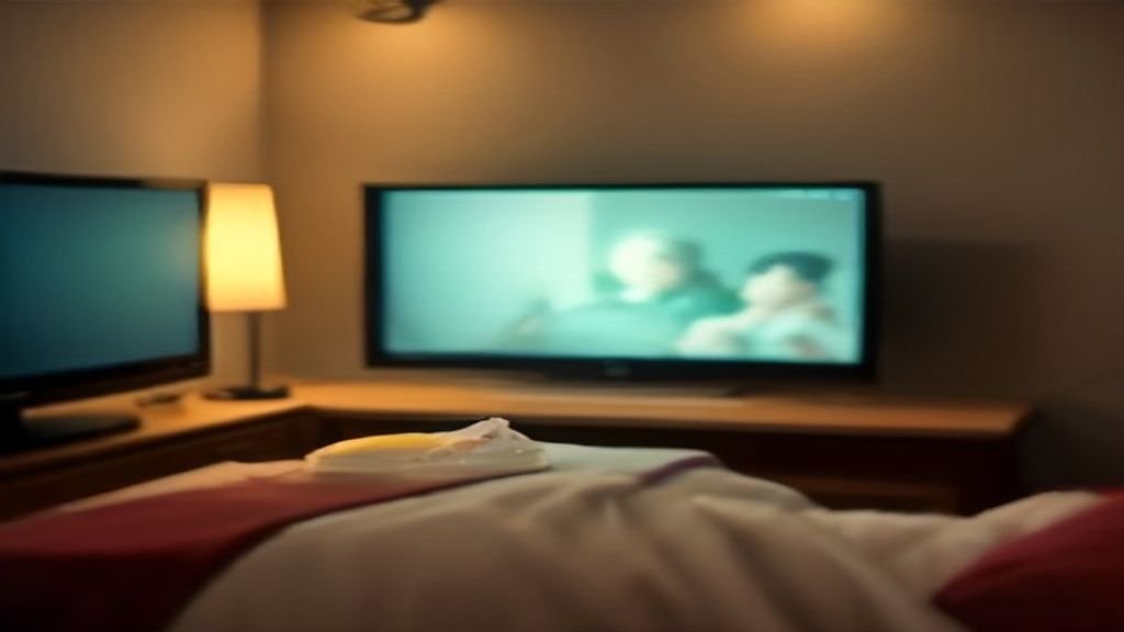 Cozy weekend scene with a glowing TV screen, popcorn, and a blanket, evoking a K-drama binge-watching night