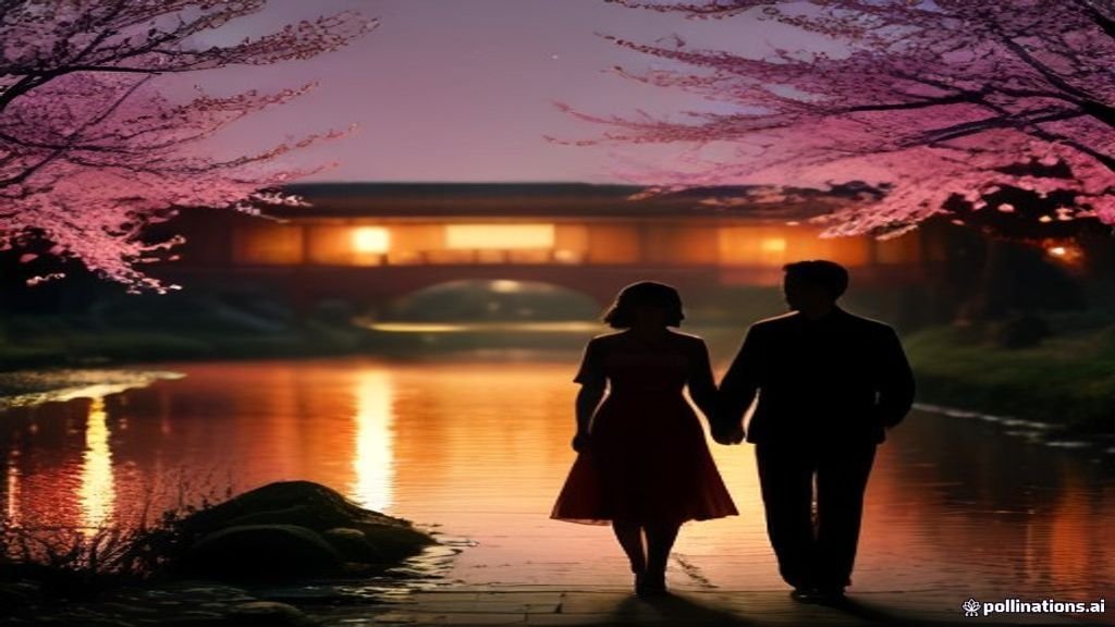 Romantic couple silhouettes under peach blossom trees by a lantern-lit river at dusk, evoking a Chinese romance drama