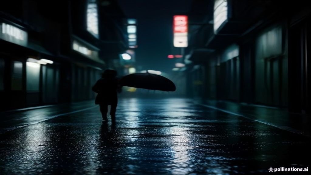 Moody rainy neon-lit city street at night with a lone figure holding an umbrella, evoking a Korean thriller drama