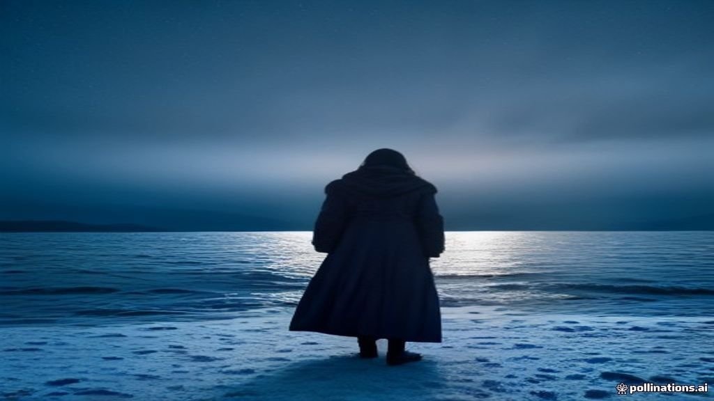 Lone figure in a dark coat on a snowy seaside breakwater at dusk surrounded by floating candle lights, evoking a fantasy K-drama romance