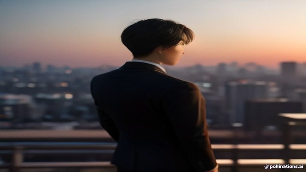 Cinematic silhouette of a stylish man in a suit on a Seoul rooftop at golden hour, evoking a K-drama romance scene