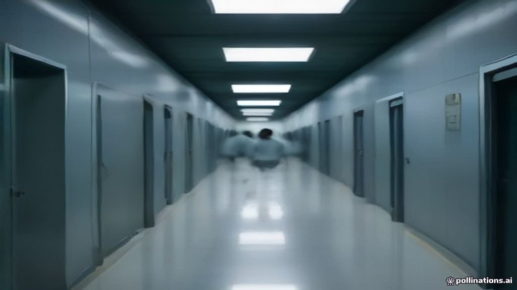 Modern Korean hospital corridor at night with doctors in white coats walking in soft blue light