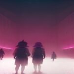 Surreal dystopian survival game arena with a giant pastel pink staircase and eerie guard masks in shadow, evoking the world of Squid Game