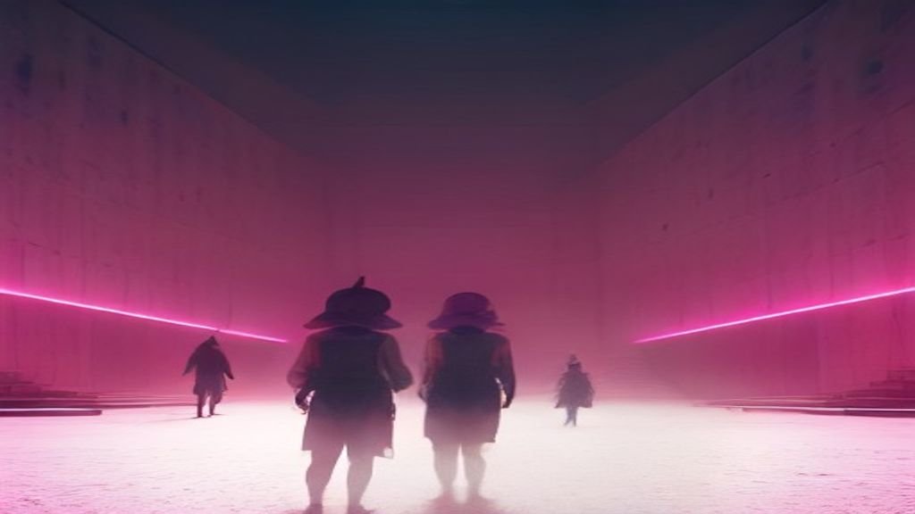 Surreal dystopian survival game arena with a giant pastel pink staircase and eerie guard masks in shadow, evoking the world of Squid Game