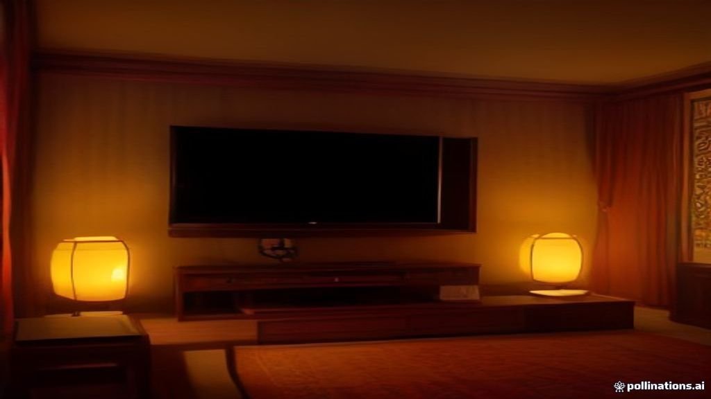 Cozy living room at night with a TV showing an ancient Chinese palace scene lit by red lanterns