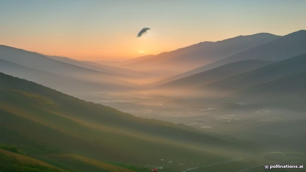 A paraglider drifting over misty mountains and a quiet village at golden hour, evoking a romantic K-drama