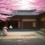Traditional Korean Joseon palace courtyard at golden hour with lanterns, cherry blossoms and a figure in a silk hanbok