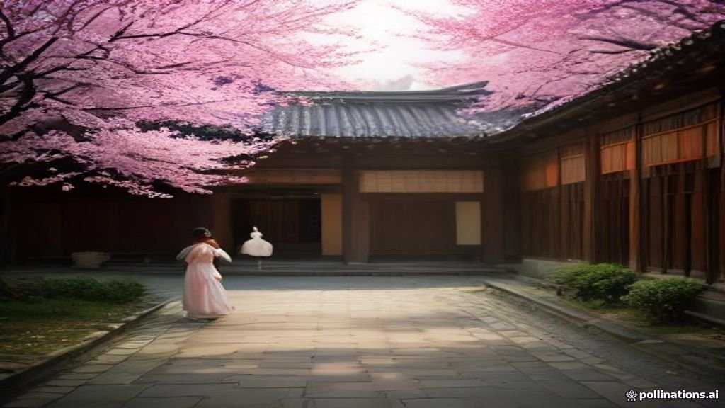 Traditional Korean Joseon palace courtyard at golden hour with lanterns, cherry blossoms and a figure in a silk hanbok