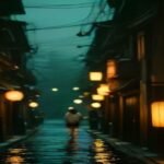 Quiet Tokyo side street at night with glowing lanterns and a cozy restaurant in the rain