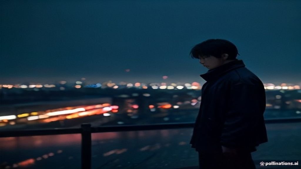 Lone figure on a rainy Seoul rooftop at night under neon light, evoking a dark Korean revenge thriller
