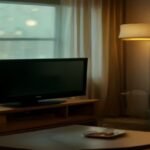 Cozy living room at night with a TV streaming a romantic Korean drama and Seoul city lights outside