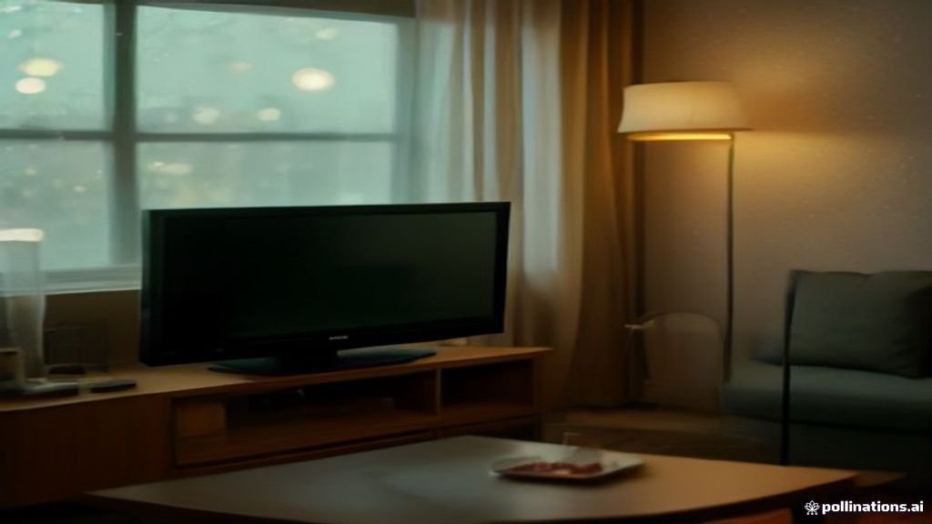 Cozy living room at night with a TV streaming a romantic Korean drama and Seoul city lights outside